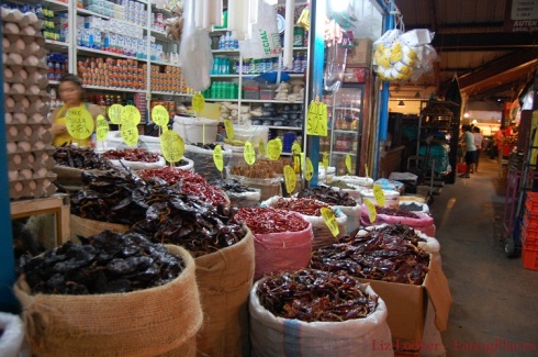 Dried chilies and cooking ingredients in Oaxacan mercado