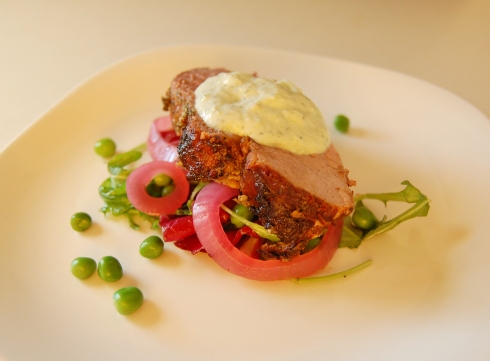 Lamb with Mint Fennel Tzatziki Sauce and Spring Greens Salad